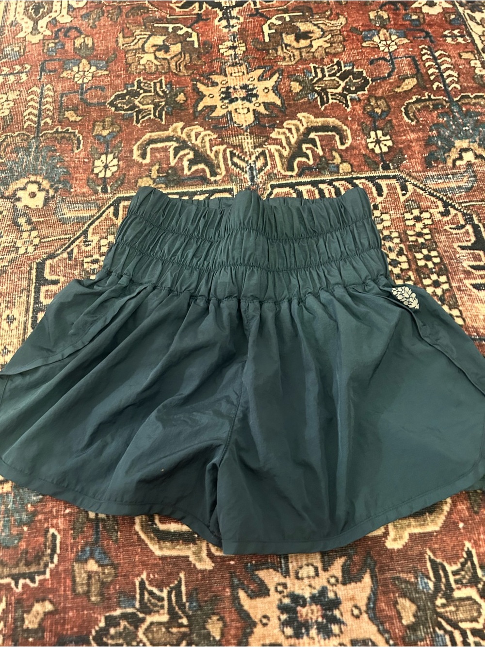 FP Movement by Free People High-Waist Smocked Athletic Shorts - Teal Green